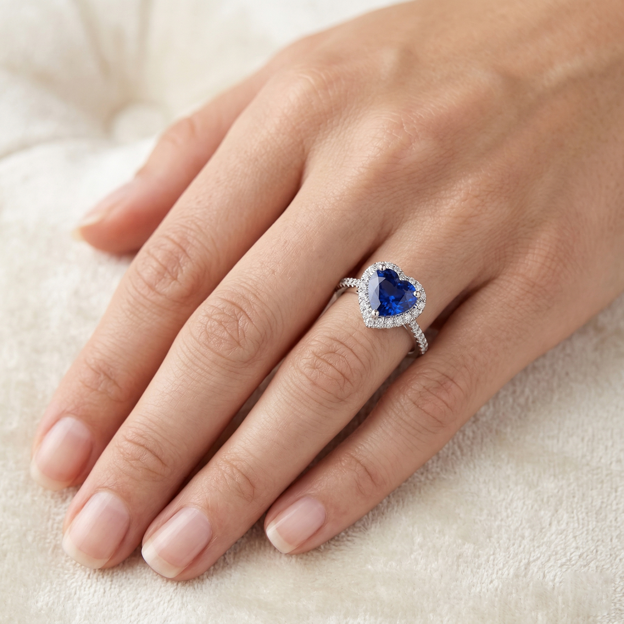 Heart Ceylon Sapphire Round Natural Earth Mined DIAMOND ( NOT LAB GROWN )s Ring 4 Ct White Gold 14K