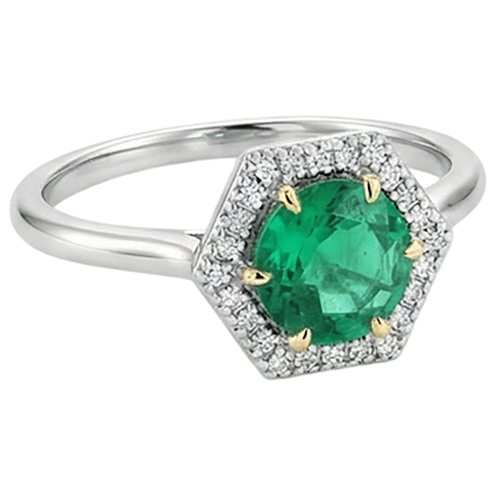Colombian Emerald Round Brilliant Precious Stone Ring in 14 Karat Two Tone Gold – profile view