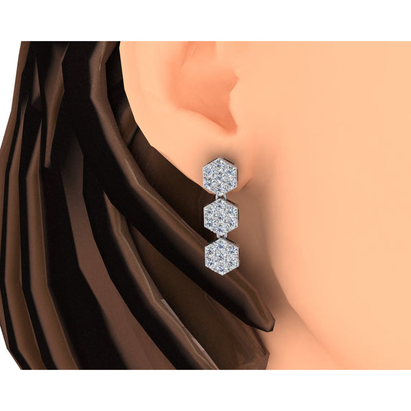 Hexagon Shape Real Diamond Hanging Drop Earrings 1" Inch 2.75 Ct White Gold 14K