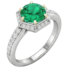 Fine Emerald Round Brilliant Precious Stone Ring in Two-Tone 14K Gold – side view