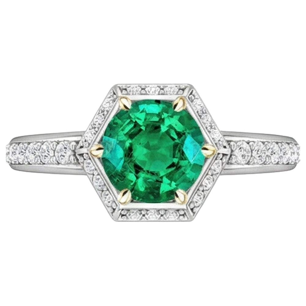 Precious Stone Ring Two-Tone 14K Gold with Fine Emerald – front view