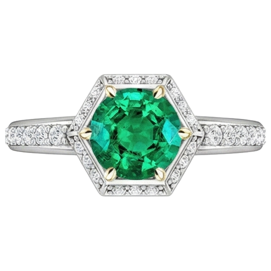Precious Stone Ring Two-Tone 14K Gold with Fine Emerald – front view