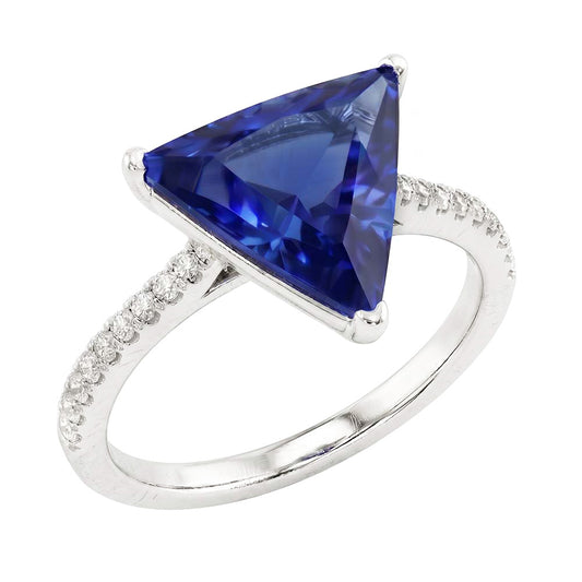 Hidden Halo Ceylon Sapphire Trillion Gemstone Ring Natural Earth Mined Diamond Accented