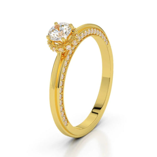 Hidden Halo Round Cut Sparkling Real Diamond Wedding Ring 14K Yellow Gold