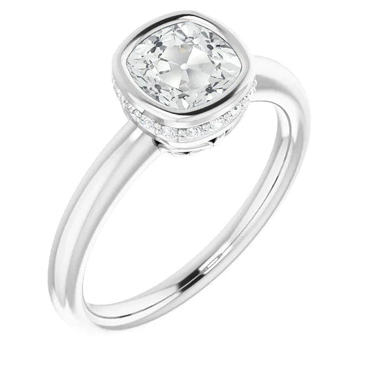 Hidden Halo Wedding Ring Cushion Old Mine Cut Genuine Diamond Bezel Set 5 Ct