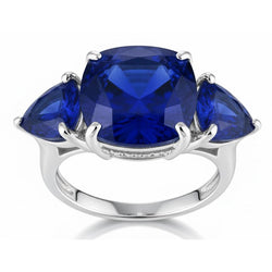 Hidden Halo Cushion & Trillion Ceylon Sapphire Natural Earth Mined DIAMOND ( NOT LAB GROWN ) Ring WG 14K