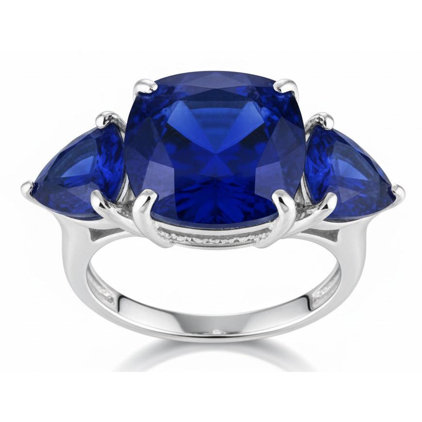 Hidden Halo Cushion & Trillion Ceylon Sapphire Natural Earth Mined DIAMOND ( NOT LAB GROWN ) Ring WG 14K