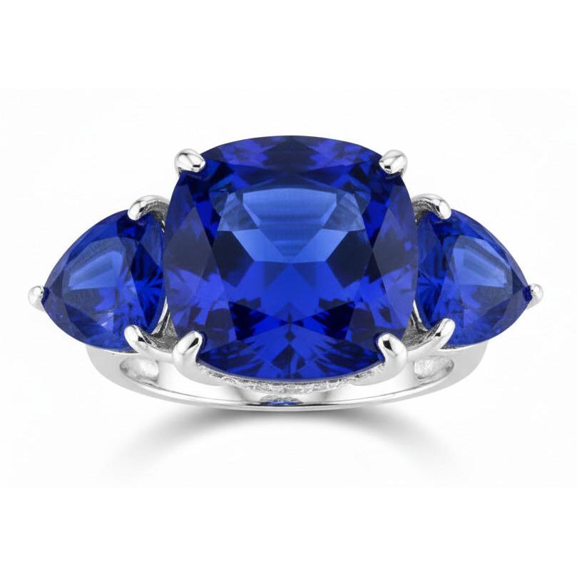Hidden Halo Cushion & Trillion Ceylon Sapphire Natural Earth Mined DIAMOND ( NOT LAB GROWN ) Ring WG 14K