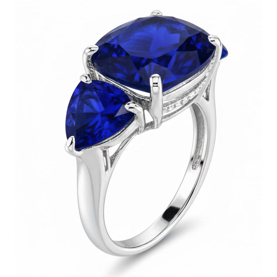 Hidden Halo Cushion & Trillion Ceylon Sapphire Natural Earth Mined DIAMOND ( NOT LAB GROWN ) Ring WG 14K