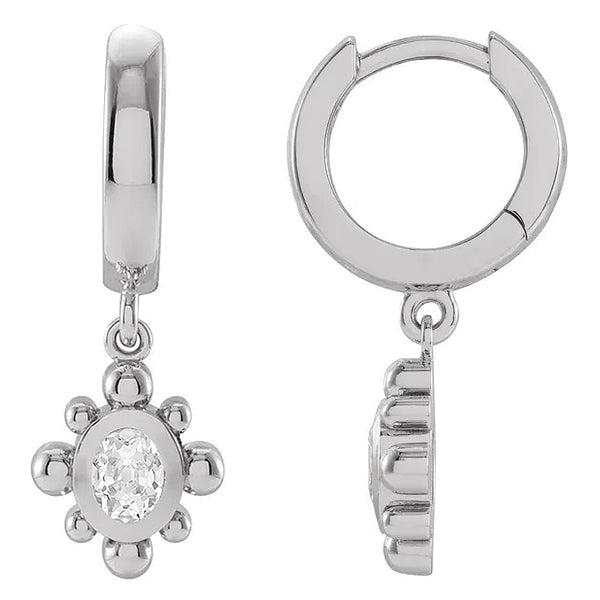 Hoop Drop Earrings Oval Nature Old Mine Cut Diamonds Bezel Set 2 Carats