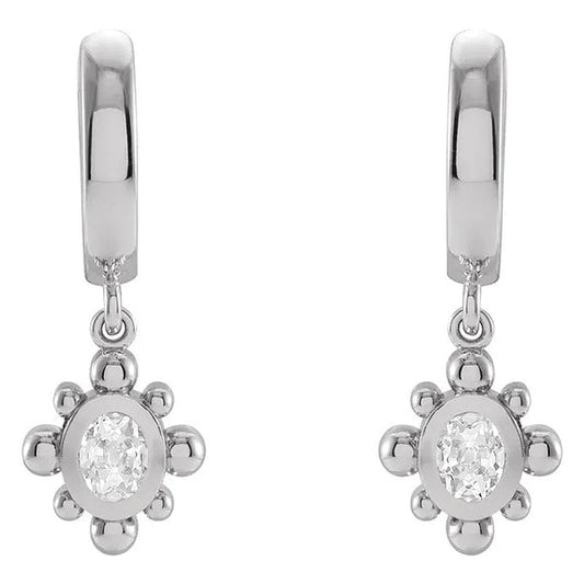 Hoop Drop Earrings Oval Nature Old Mine Cut Diamonds Bezel Set 2 Carats