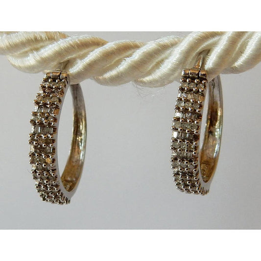 Hoop Earrings Round & Baguettes Real Diamond White Gold 14K 1.50 Carats