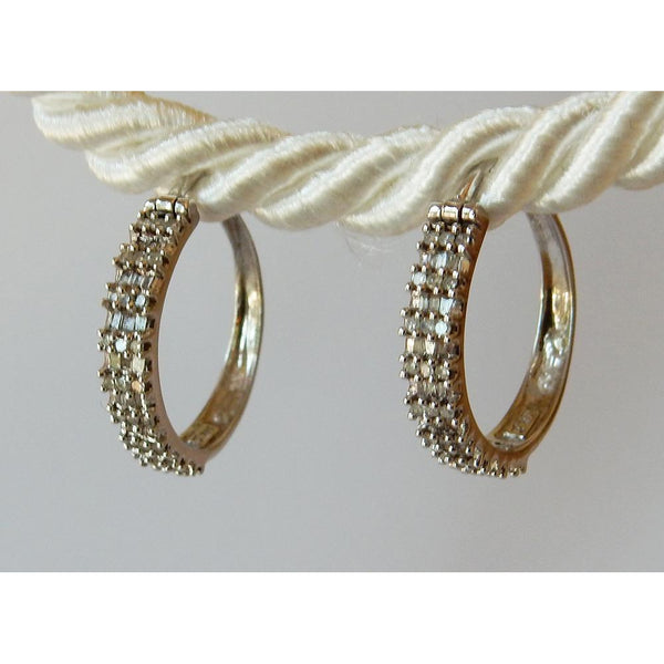 Hoop Earrings Round & Baguettes Real Diamond White Gold 14K 1.50 Carats