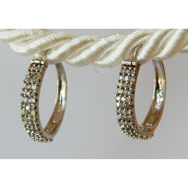 Hoop Earrings Round & Baguettes Real Diamond White Gold 14K 1.50 Carats