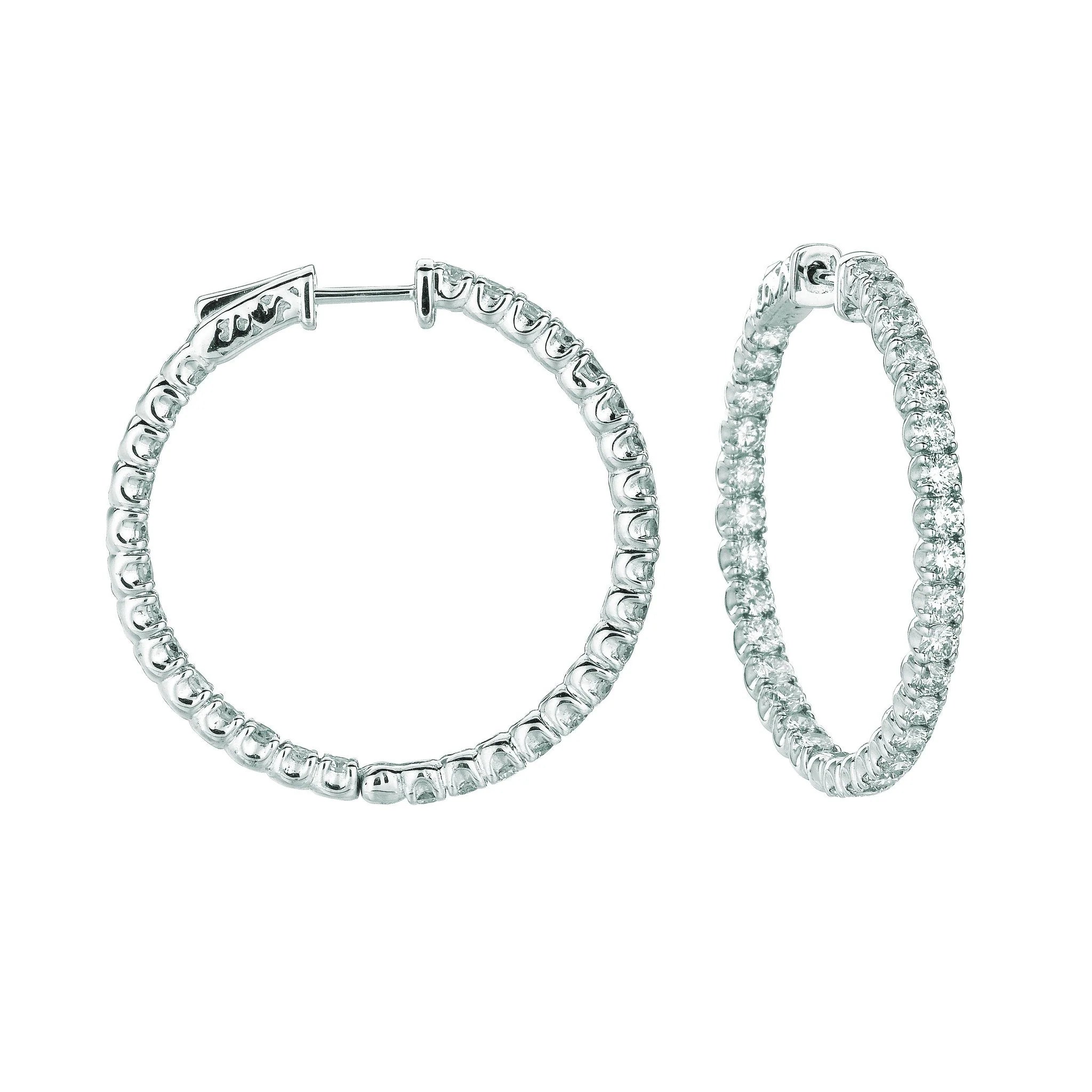 Hoop Earrings/Patented Snap Lock 4.50 Carats Real Damond 14K White