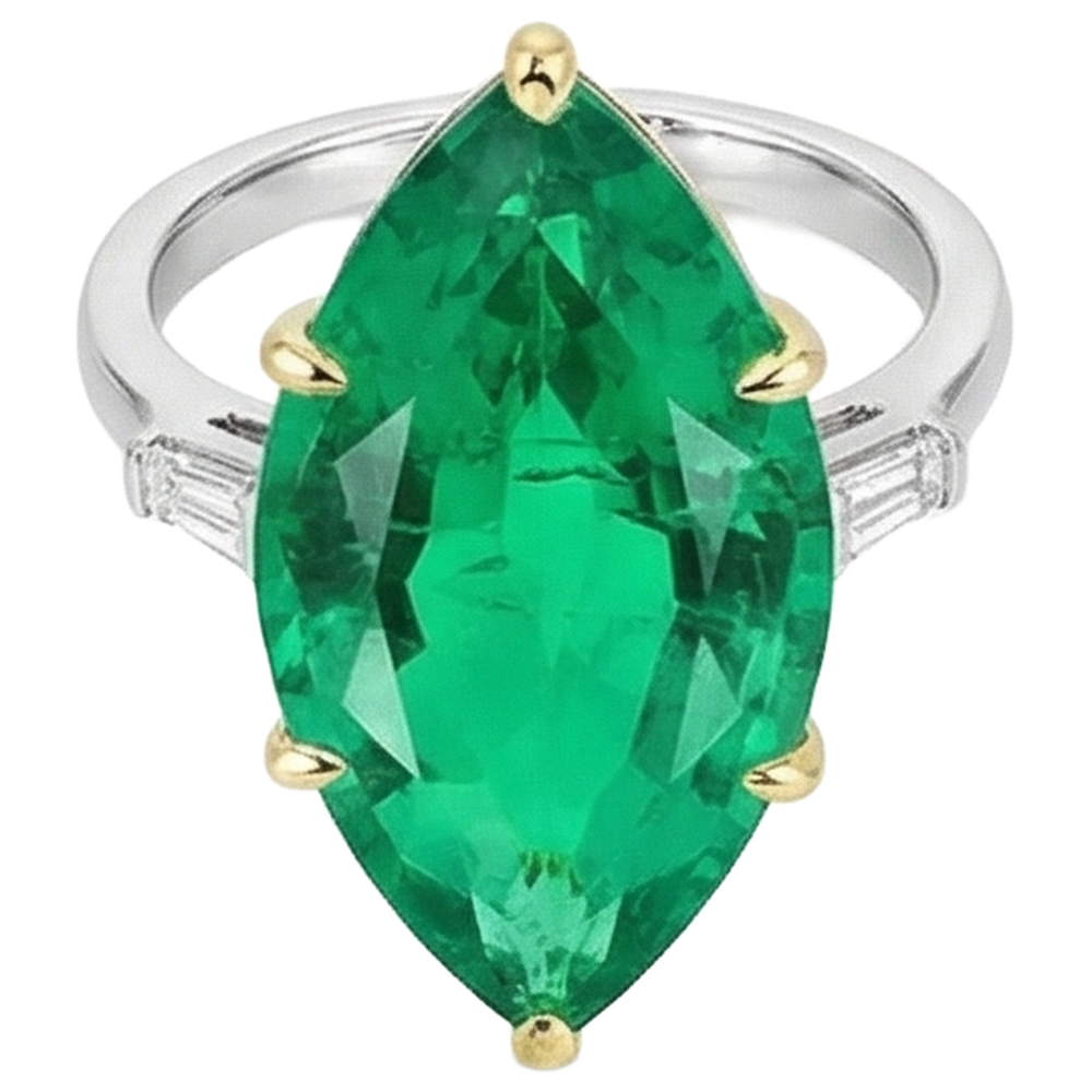 Colombian Emerald Marquise Cut Precious Stone Ring in 14K Two Tone Gold – angle view