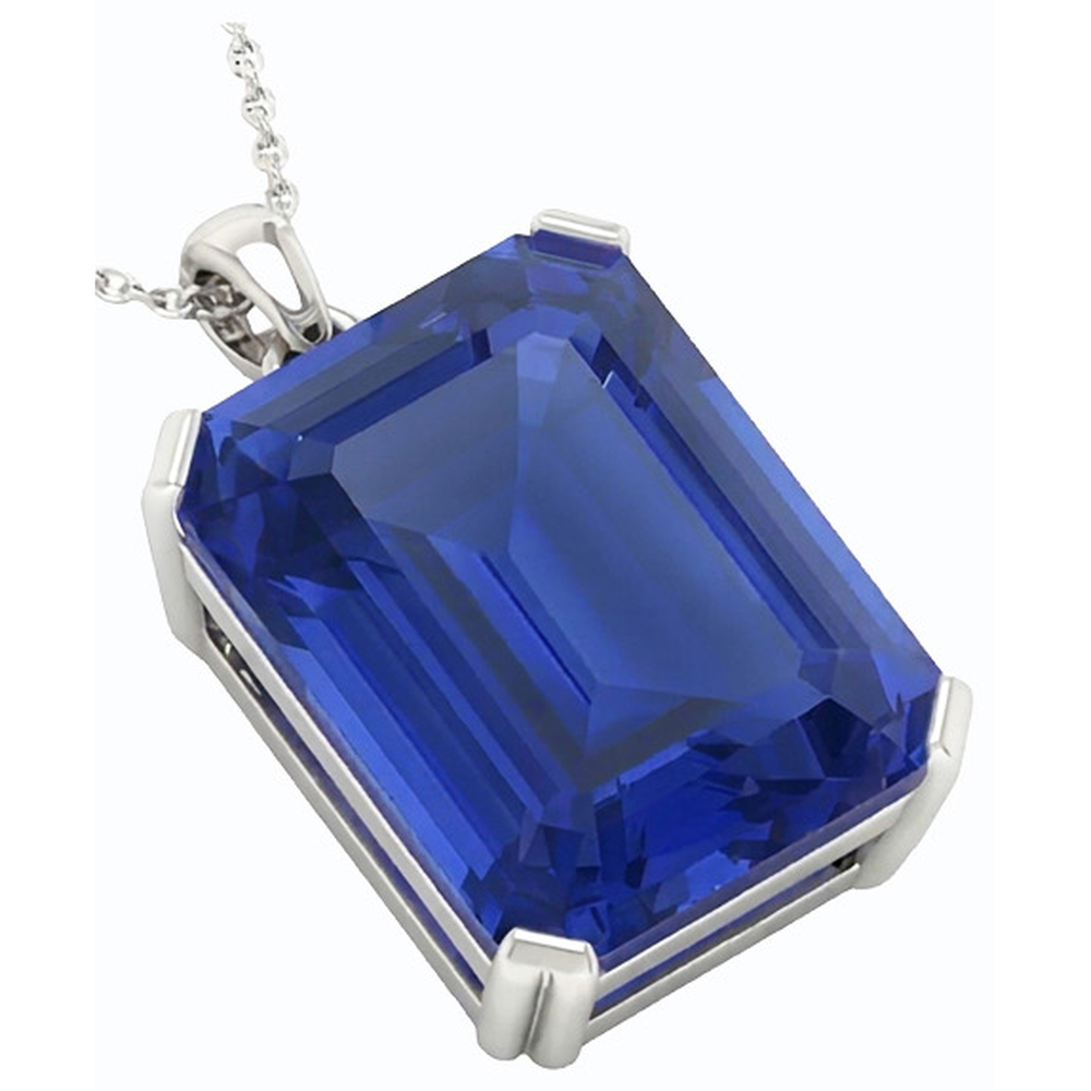 Royal Blue Sapphire Step Cut Gemstone Pendant in 14 Karat White Gold – angle view