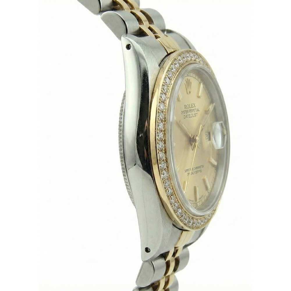 Jubilee Ss & Gold Diamond Bezel Women Watch Stick Dial Rolex Date