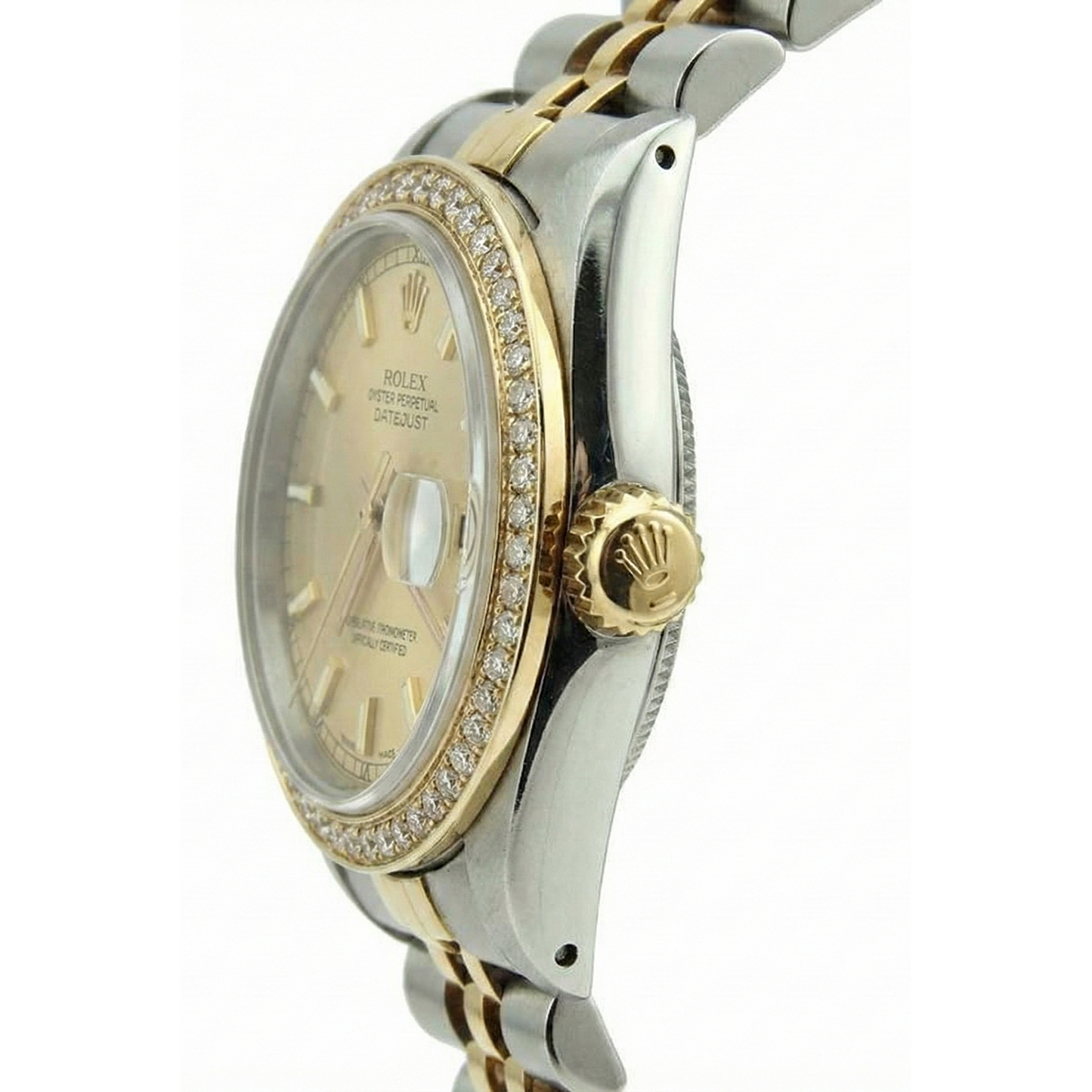 Jubilee Ss & Gold Diamond Bezel Women Watch Stick Dial Rolex Date
