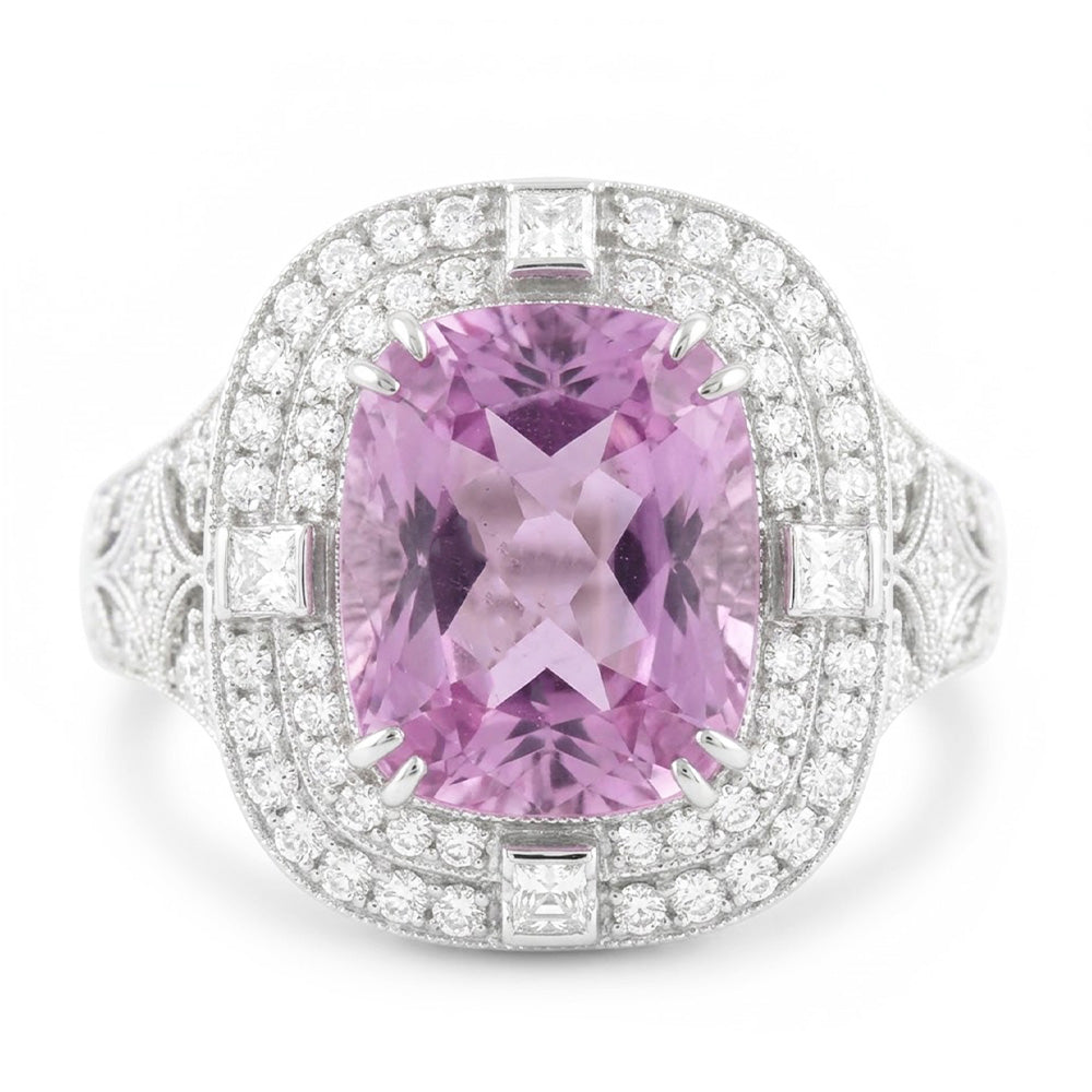 Kunzite And Natural Earth Mined Diamonds 13.50 Carats Wedding Ring Gold White 14K