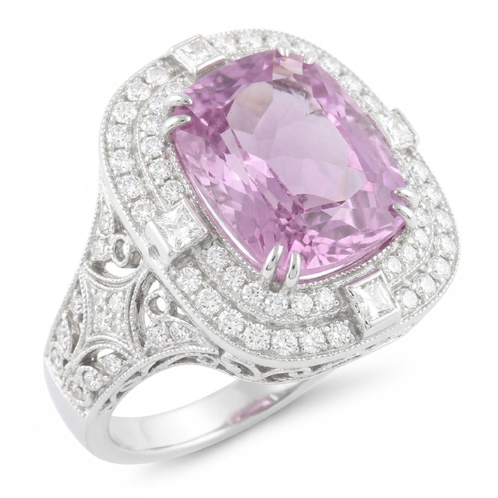 Kunzite And Natural Earth Mined Diamonds 13.50 Carats Wedding Ring Gold White 14K