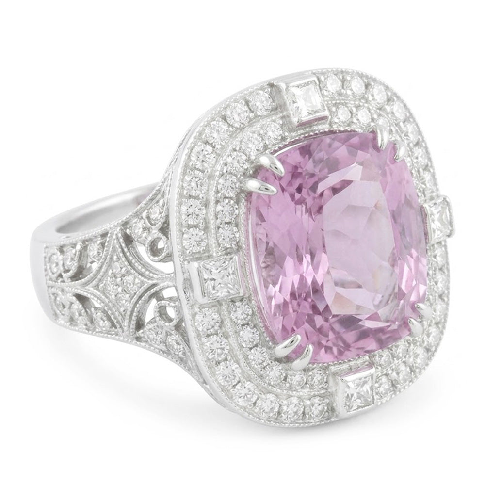 Kunzite And Natural Earth Mined Diamonds 13.50 Carats Wedding Ring Gold White 14K
