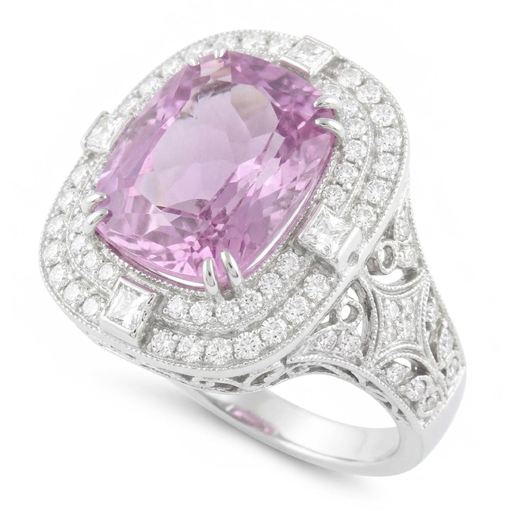 Kunzite And Natural Earth Mined Diamonds 13.50 Carats Wedding Ring Gold White 14K