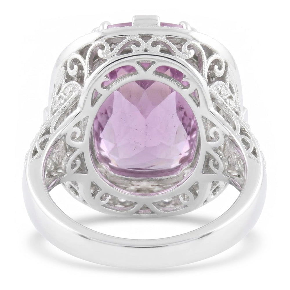 Kunzite And Natural Earth Mined Diamonds 13.50 Carats Wedding Ring Gold White 14K