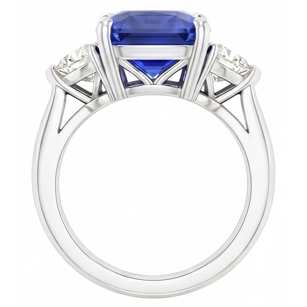 Ladies 3 Stone Ring Asscher Ceylon Sapphire & Natural Earth Mined Diamonds 4.50 Carats