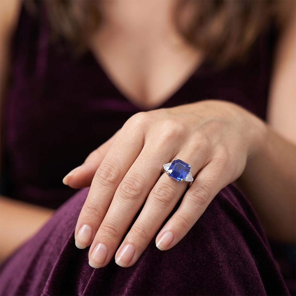 Ladies 3 Stone Ring Asscher Ceylon Sapphire & Natural Earth Mined Diamonds 4.50 Carats