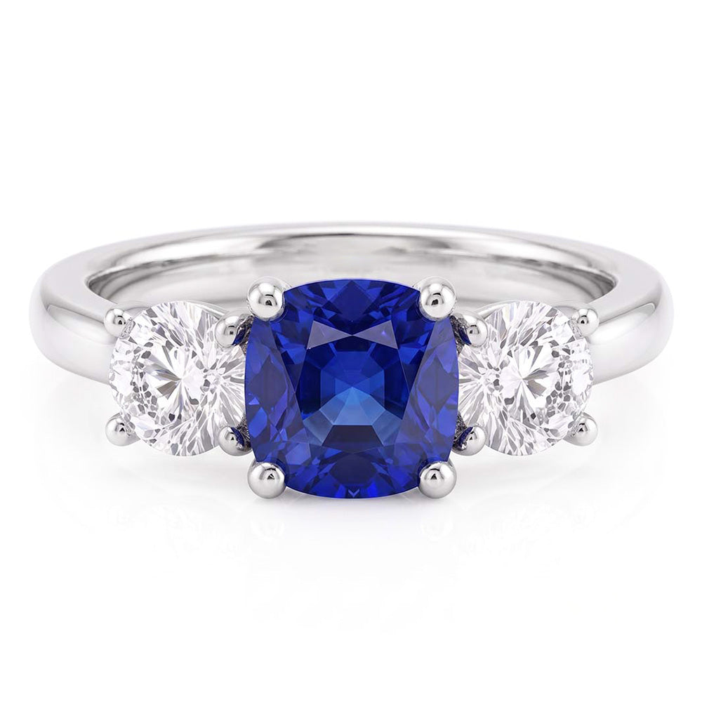 Ladies 3 Stone Ring Cushion Ceylon Sapphire 1.25 Carats Round Natural Earth Mined Diamonds