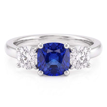Ladies 3 Stone Ring Cushion Ceylon Sapphire 1.25 Carats Round Natural Earth Mined Diamonds