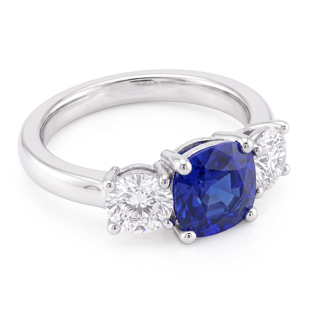 Ladies 3 Stone Ring Cushion Ceylon Sapphire 1.25 Carats Round Natural Earth Mined Diamonds