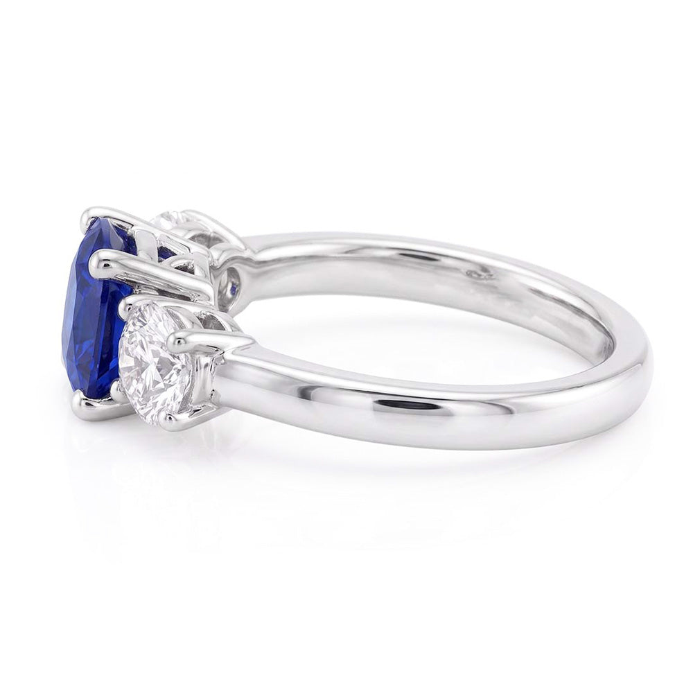 Ladies 3 Stone Ring Cushion Ceylon Sapphire 1.25 Carats Round Natural Earth Mined Diamonds