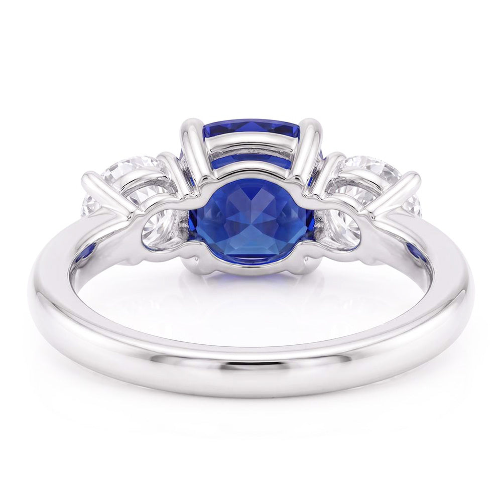Ladies 3 Stone Ring Cushion Ceylon Sapphire 1.25 Carats Round Natural Earth Mined Diamonds