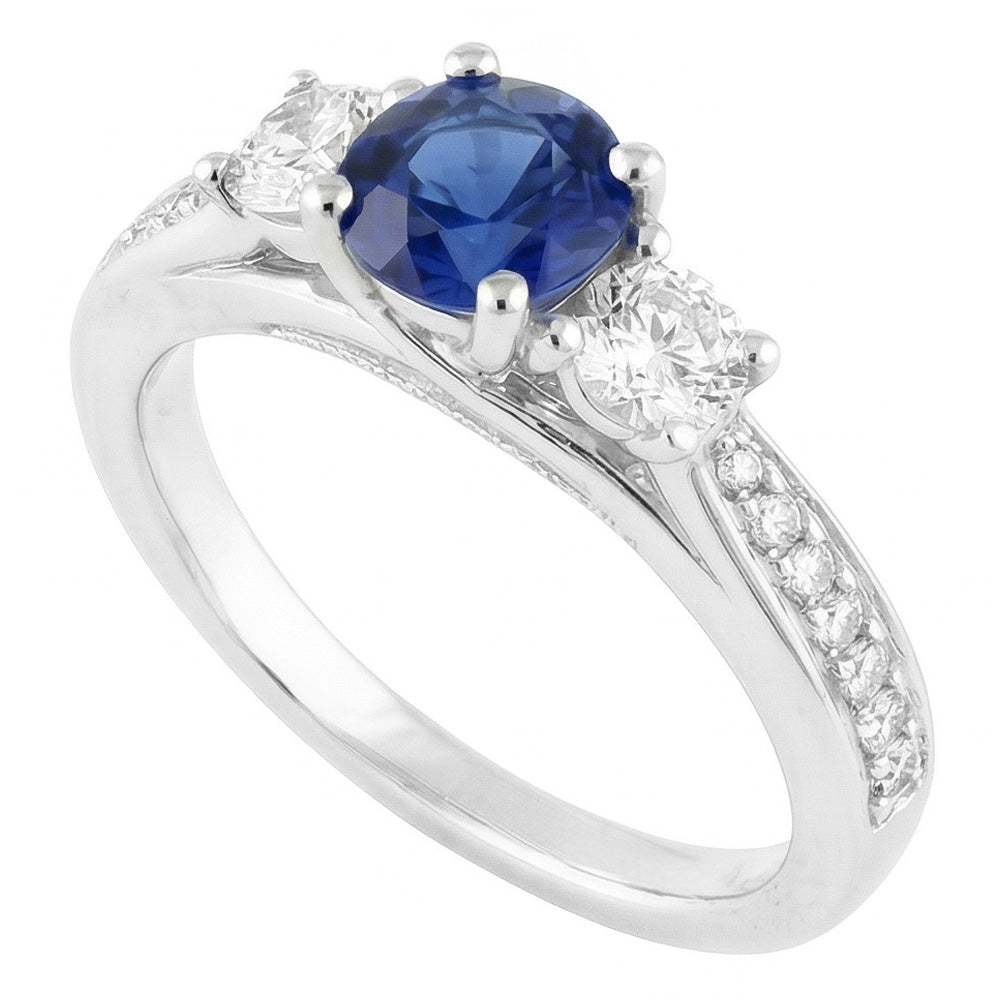 Ladies 3 Stone Style Natural Earth Mined Diamond Ring Round Blue Sapphire Gold 5 Carats