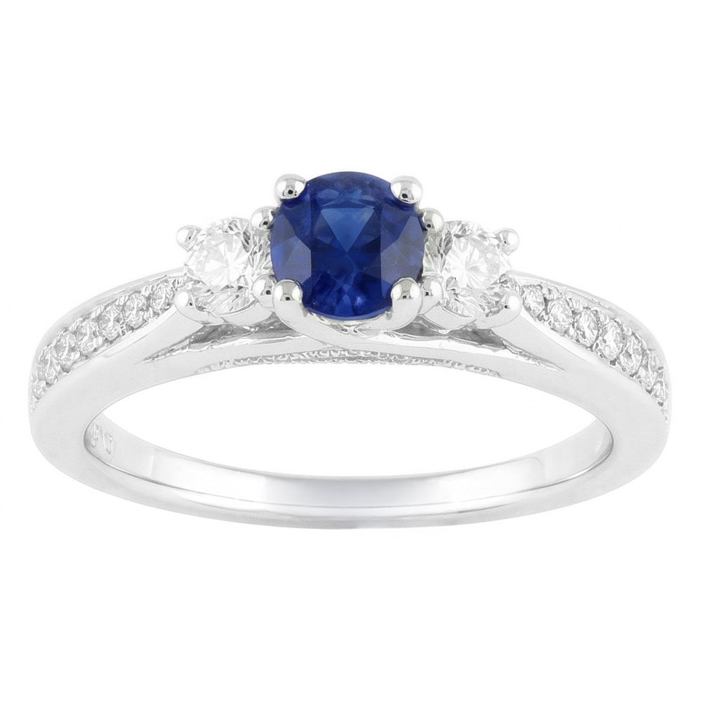 Ladies 3 Stone Style Natural Earth Mined Diamond Ring Round Blue Sapphire Gold 5 Carats