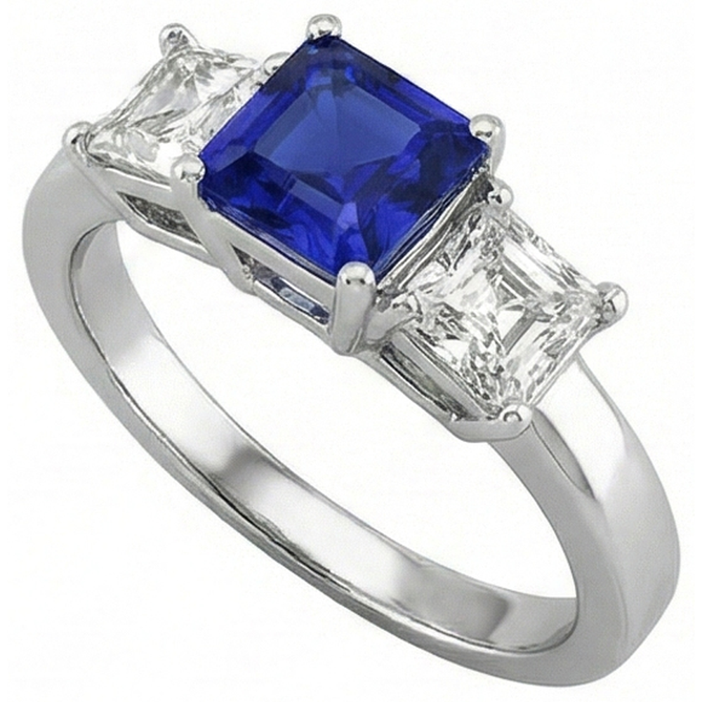 Ladies Asscher Natural Earth Mined Diamond Ring Ceylon Sapphire 3 Stone Jewellery 2 Carats