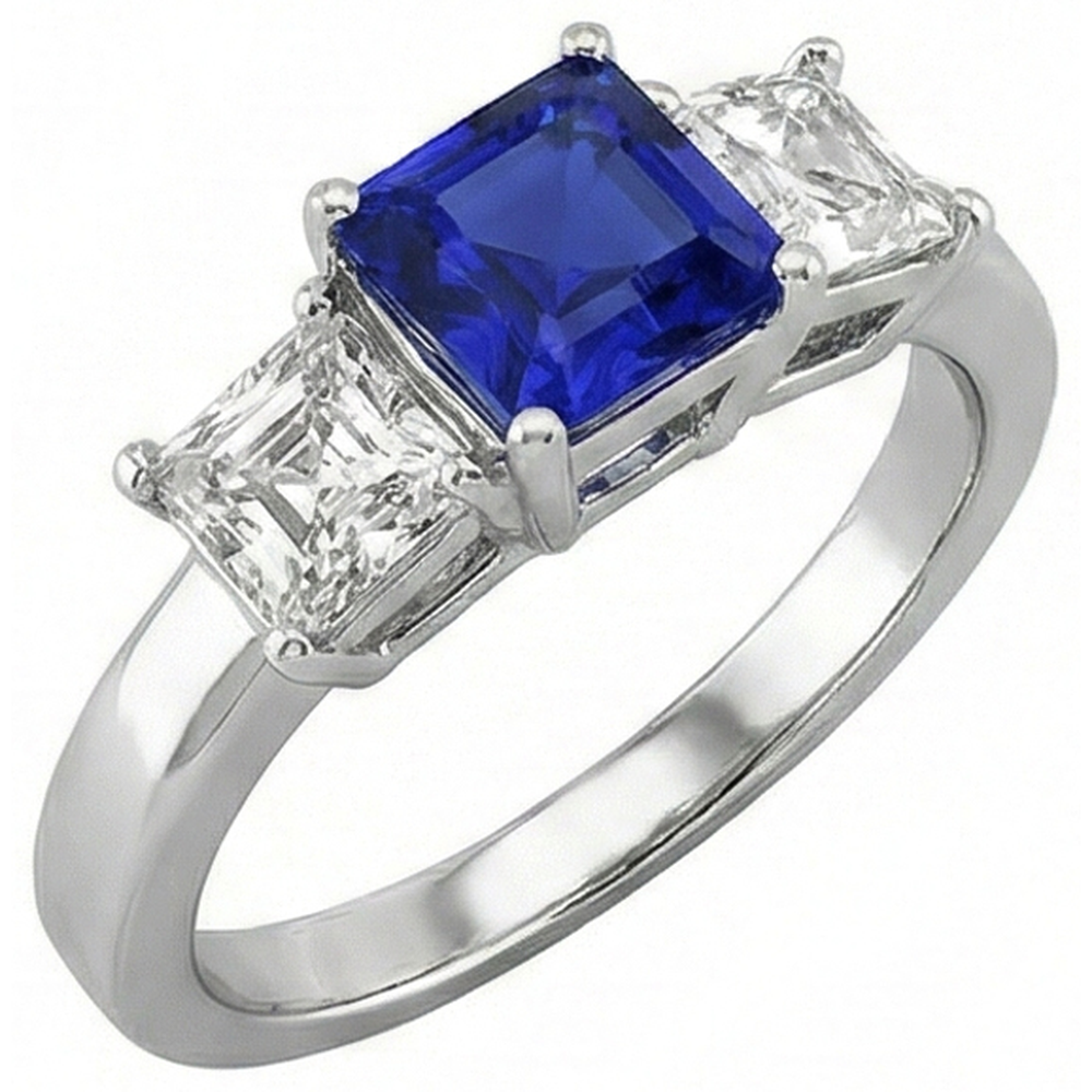 Ladies Asscher Natural Earth Mined Diamond Ring Ceylon Sapphire 3 Stone Jewellery 2 Carats
