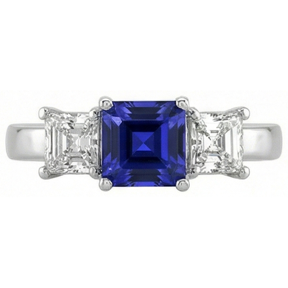 Ladies Asscher Natural Earth Mined Diamond Ring Ceylon Sapphire 3 Stone Jewellery 2 Carats