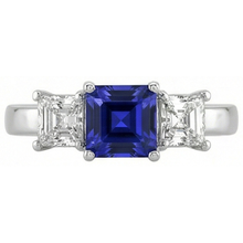 Ladies Asscher Natural Earth Mined Diamond Ring Ceylon Sapphire 3 Stone Jewellery 2 Carats