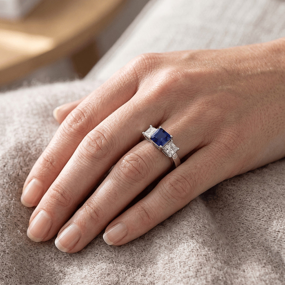 Ladies Asscher Natural Earth Mined Diamond Ring Ceylon Sapphire 3 Stone Jewellery 2 Carats
