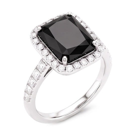 Ladies Black Diamond Ring 7 Carat Natural Radiant Halo 14K White Gold