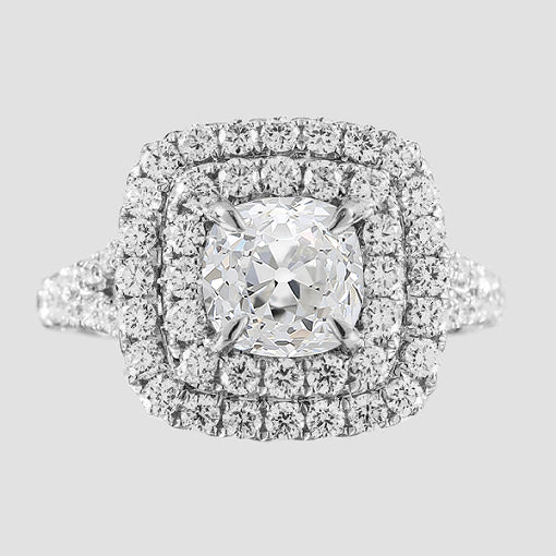 Ladies Double Halo Cushion Old Mine Cut Real Diamond Ring 6 Carats