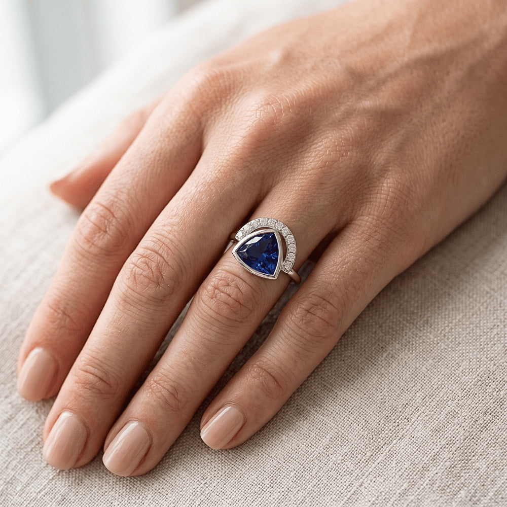 Ladies Gemstone Jewellery Trillion Bezel Set Blue Sapphire Ring 2 Carats