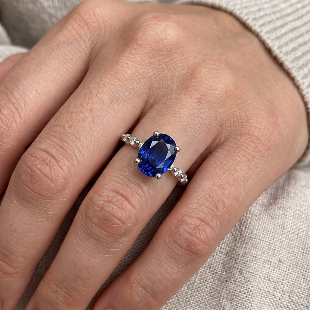 Ladies Gemstone & Natural Earth Mined Diamonds Oval Ceylon Sapphire Ring 4 Carats