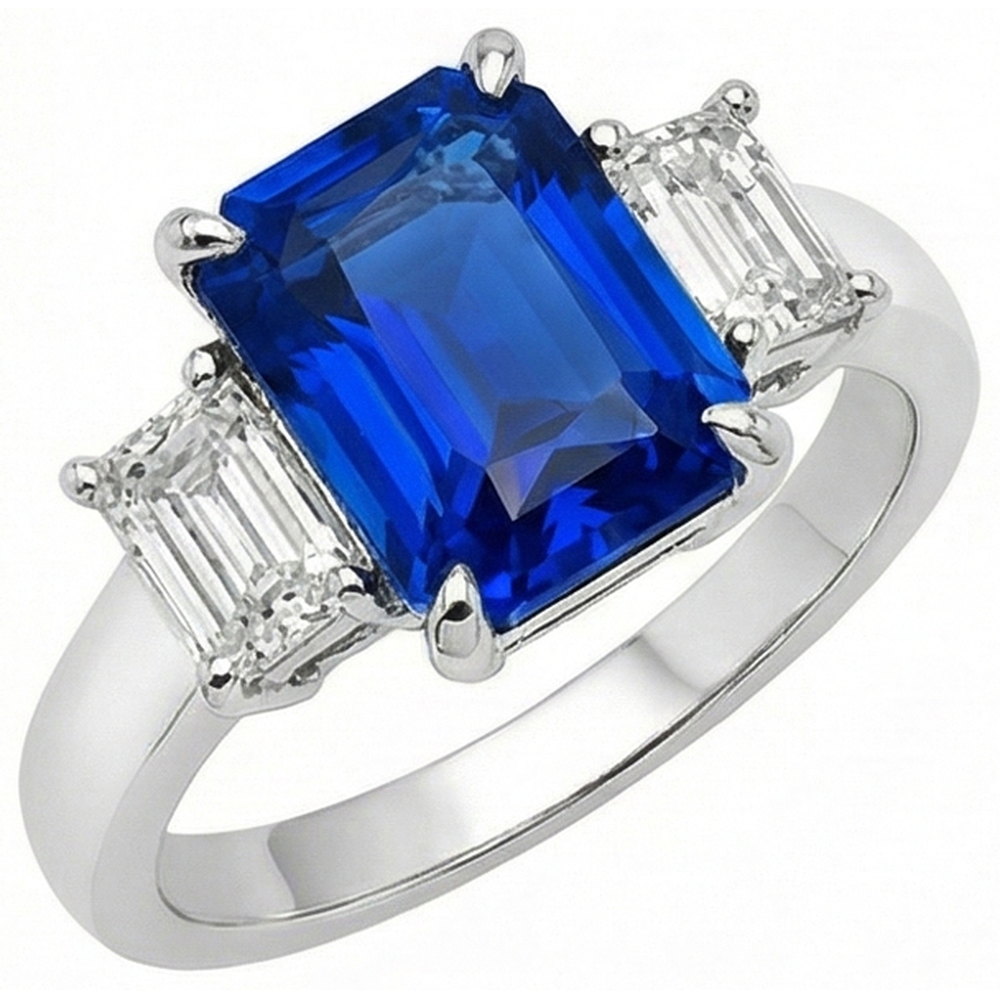 Ladies Gold Natural Earth Mined Diamond Ring Emerald Cut 5 Carats Sapphire Jewellery