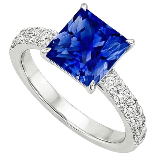 Ladies Gold Natural Earth Mined Diamond Ring Princess Blue Sapphire Accented 4.50 Carats