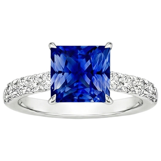 Ladies Gold Natural Earth Mined Diamond Ring Princess Blue Sapphire Accented 4.50 Carats