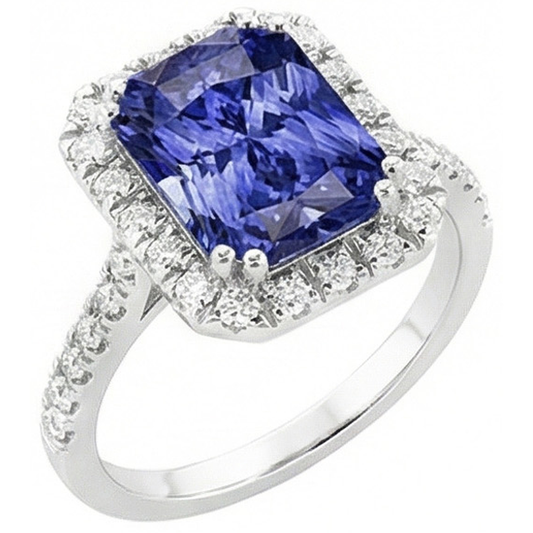 Ladies Halo Deep Blue Sapphire Ring Radiant & Natural Earth Mined Diamonds 3.50 Carats